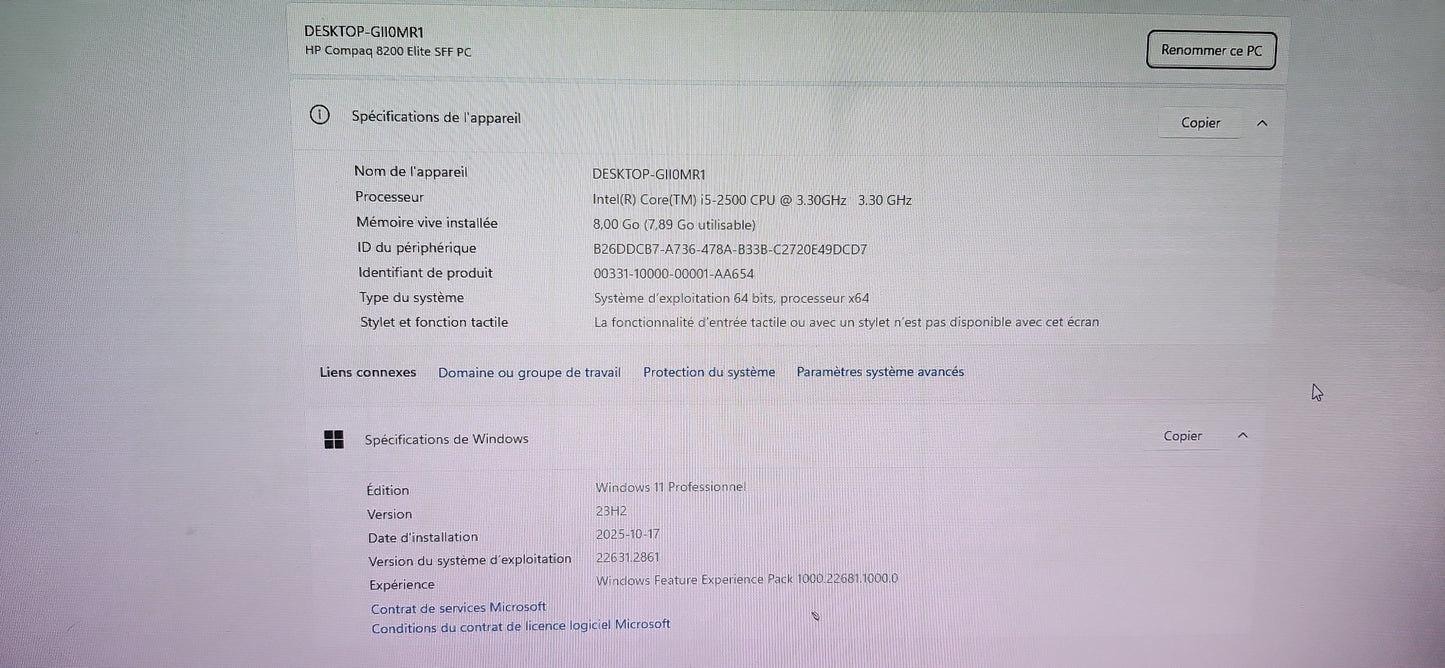 *PC DE BUREAU HP COMPAQ 8200 ELITE SFF CORE i5 2500