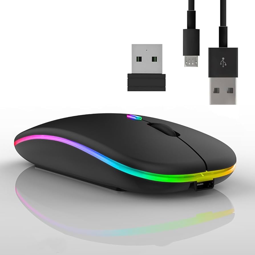 Souris sans fil Bluetooth RGB rechargeable — noire avec éclairage RGB multicolore, dongle USB et câble USB-C inclus